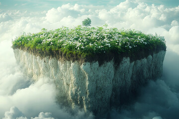 Floating Island Meadow Atop Cloudscape With Flowers And Tree