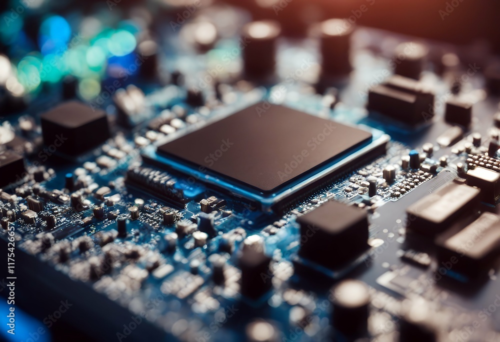Poster modern dev processor computer technologies chip powerful background motherboard blue