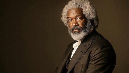 An image of Frederick Douglass with an overlay space for captions, historic tribute graphic, classic tones