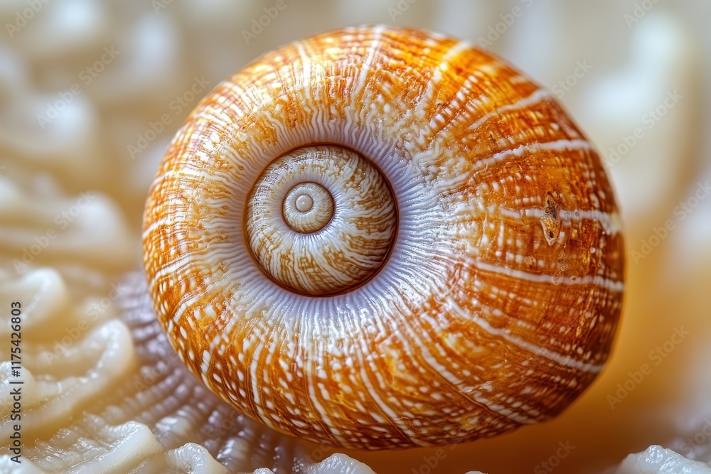 Aufkleber beautiful spiral shell resting on a textured surface captured in close-up view during daylight