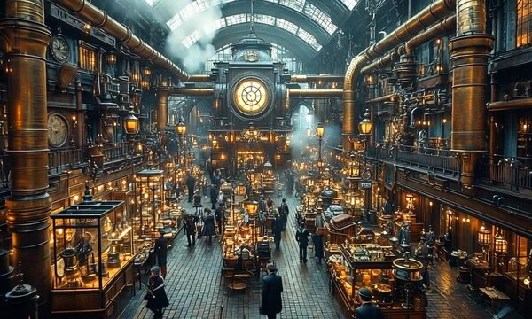 Steampunk Clockwork Market: A Victorian-Era Bazaar Filled with Intricate Mechanisms, Brass Pipes, and Glowing Lamps. Mysterious Atmosphere, Detailed Architecture,