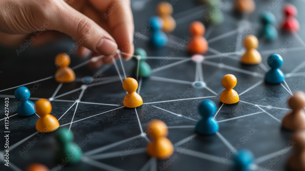 Poster connecting colorful figures in network symbolizes collaboration and communication