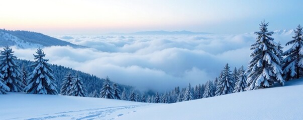 Obraz premium Dense fog rolls in over the snow-covered hills, rolling fog, snowy landscape, evergreen