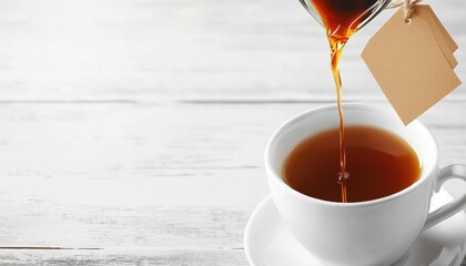 Coffee brew pouring into a cup with blank area for freshness tags, brew graphic, dynamic