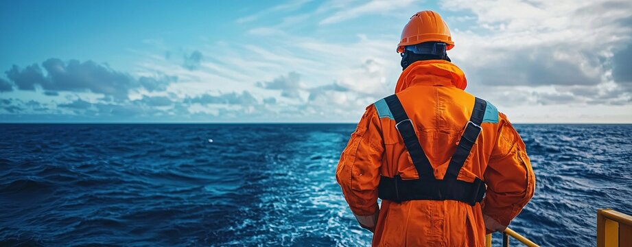 Maritime worker observing ocean waves offshore platform photography seascape distant view industry insights