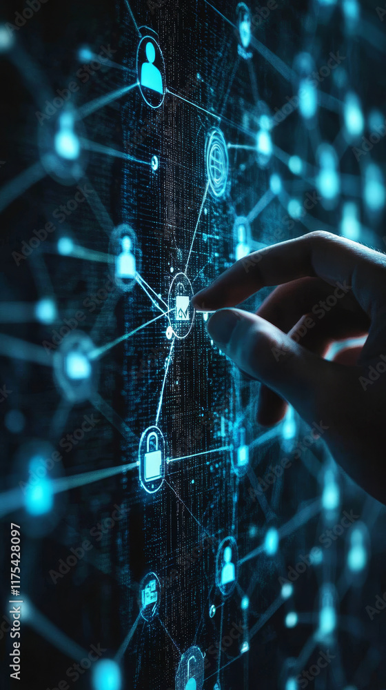 Poster hand interacting with digital interface showcasing connections and data
