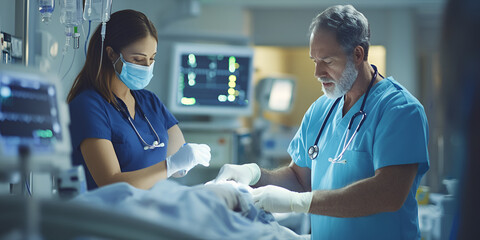 Doctors and nurses performing a critical procedure in ICU, Medical professionals providing care in an intensive care unit
