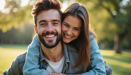 Fototapeta premium A happy couple is captured in a playful moment, with the woman hugging the man from behind, both radiating joy. Their genuine smiles and the lush green background create a vibrant atmosphere of love