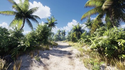 Fototapeta premium Exploring a lush jungle adventure path in a tropical landscape hyperrealistic detail serene environment