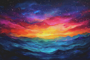 Naklejka premium The bright night sky is a rainbow of colors blending perfectly. Stars twinkle in different shades.