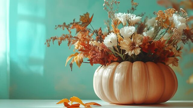 Autumn floral decoration in a pumpkin shaped vase, generated ai