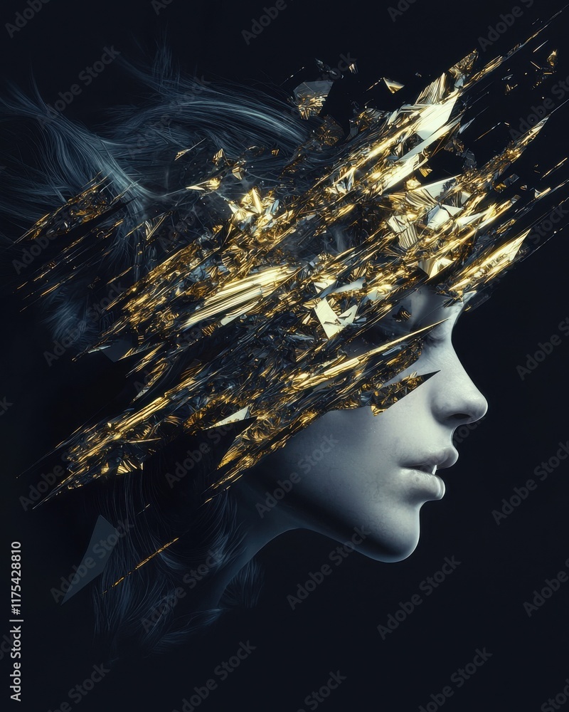 Poster dynamic abstract portrait digital realm hyperrealistic art surreal environment profile view conceptu