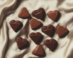 Obraz premium Heartshaped chocolate pieces on luxurious silk cloth romantic setting food elegant atmosphere top-down view