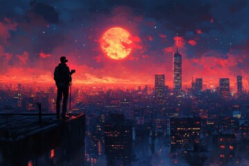 City skyline at sunset with a photographer capturing the vibrant glow over the urban landscape