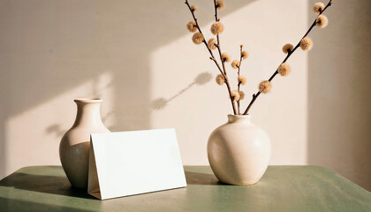 Small ceramic vases with a blank card on a table