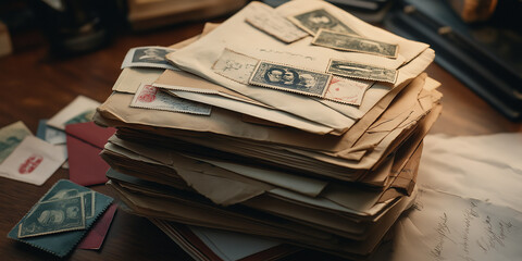 A nostalgic stack of vintage letters and assorted postage stamps sit on a wooden desk, invoking an era of handwritten communication and historical charm.