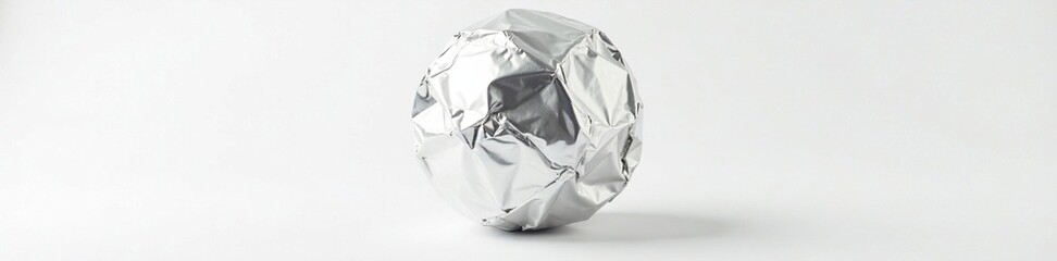 Crumpled aluminum foil sphere on white background, metal sphere, crumpled paper, reflective surface