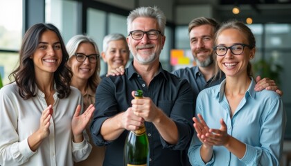 A joyful group of six diverse individuals, including men and women, gather to celebrate a special occasion, with one man popping a champagne bottle. Their smiles and applause radiate happiness and