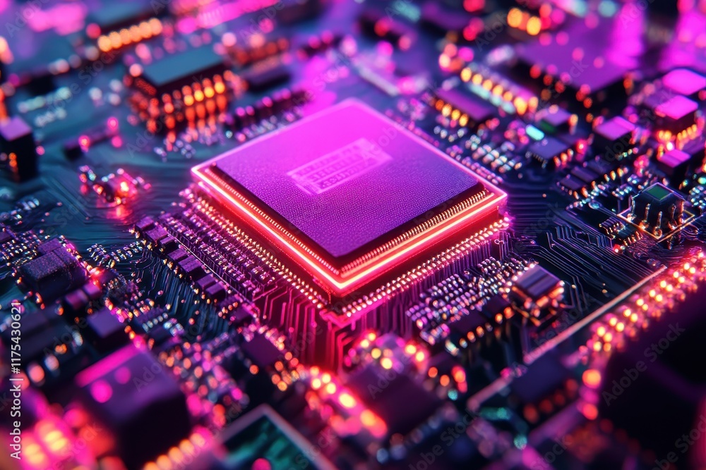 Poster circuit board featuring a glowing microprocessor in vibrant colors against a dark background