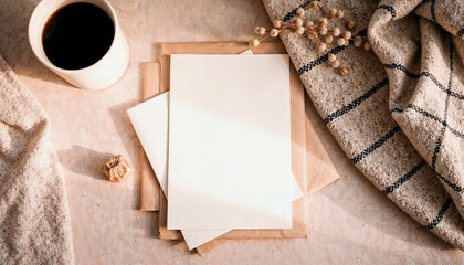 Rustic card and envelope with cozy coffee cup and autumn vibes