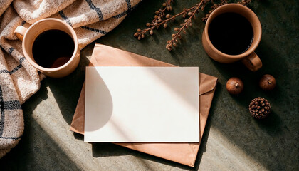 Creative flat lay with envelope, card, and coffee cup in rustic style