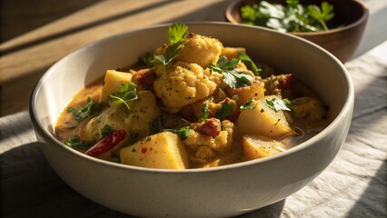 Delicious bowl of aloo gobi served with herbs and warm lighting