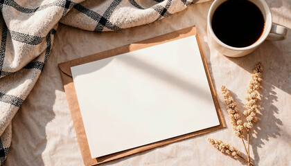 Warm-toned flat lay with rustic stationery and cozy coffee cup