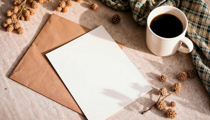 Minimalist workspace with blank stationery and coffee mug decor