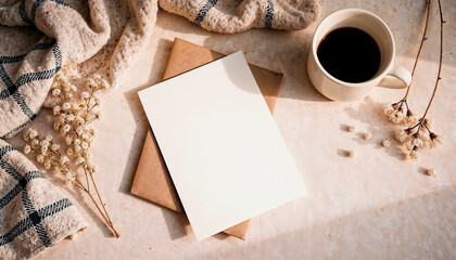 Warm-toned flat lay with rustic stationery and cozy coffee cup