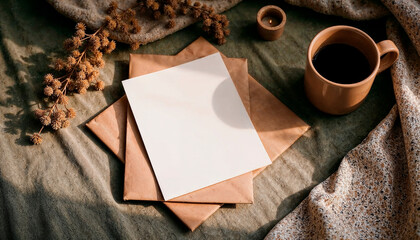 Autumn-themed flat lay with rustic stationery and coffee elements