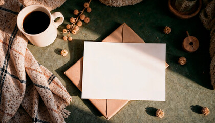 Cozy Stationery Flat Lay with Rustic Decor and Coffee