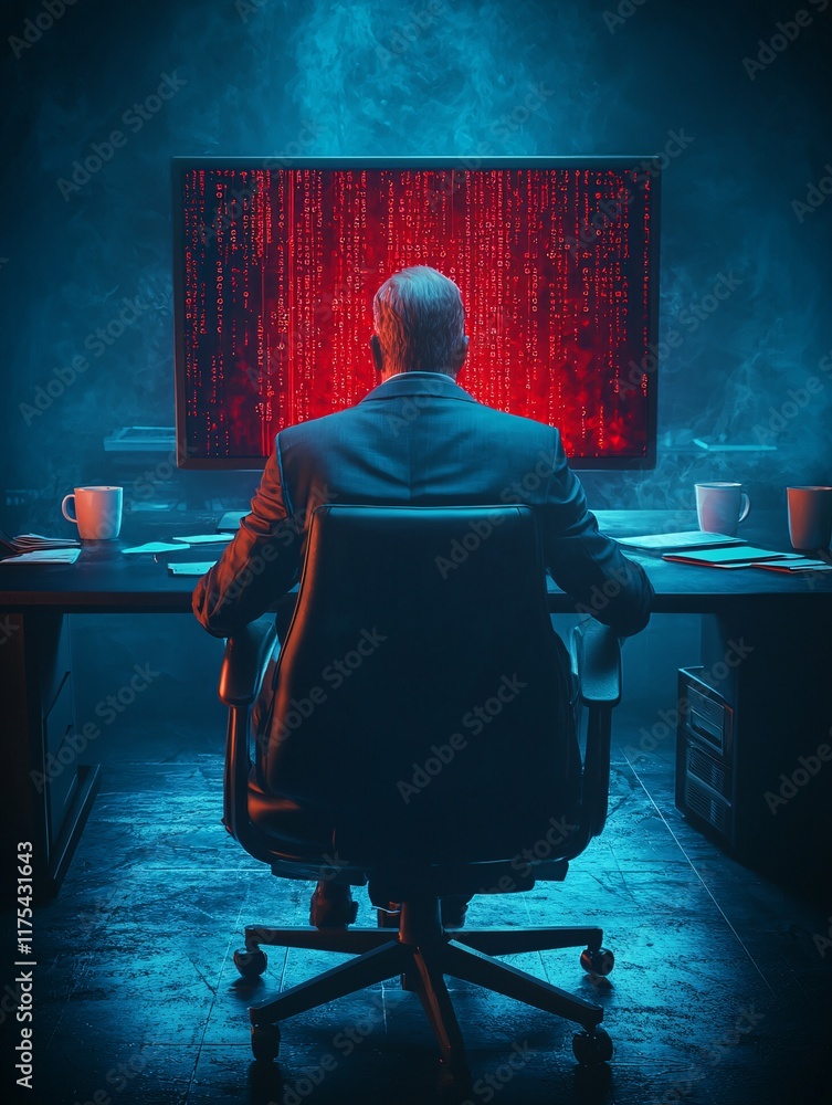 Poster analyzing data trends office setting digital art modern workspace rear view technology insights