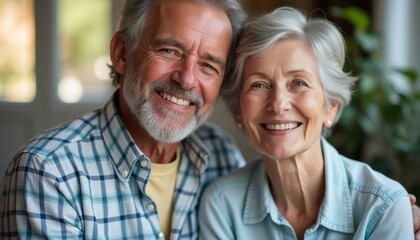 An affectionate elderly couple, a man with a gray beard and a woman with silver hair, are smiling brightly together. Their expressions radiate joy and companionship, set against a softly blurred