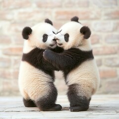 Fototapeta premium Two pandas playwrestling with blank space for captions, funny sibling meme, adorable