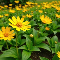 Bright yellow flowers blooming in a summer garden, flowers, wildflowers, botanicals