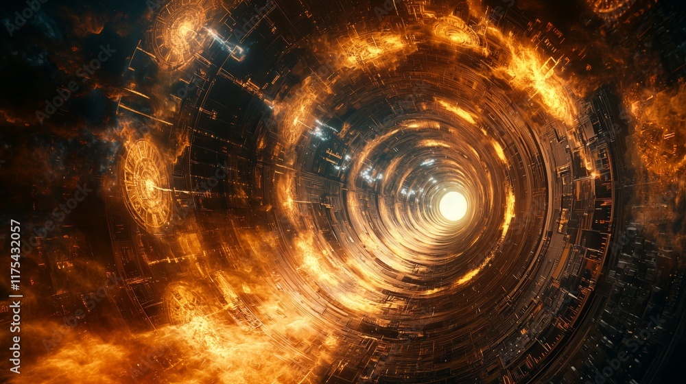 Poster futuristic tunnel with fiery elements and glowing light source