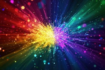 Fototapeta premium Vibrant rainbow particles exploding in radial patterns, energetic and eyecatching