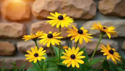 Obraz premium Blooming Rudbeckia flowers against a warm stone wall, summer, botanicals