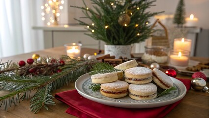 Festive alfajores arranged on a decorative plate amidst holiday decorations and lights