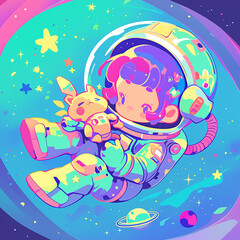 Chibi-Style Space Explorer with Colorful Spacesuit and Playful Alien Pet