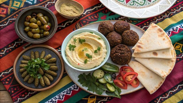 Exotic Egyptian meal featuring aish baladi, falafel, and hummus served on traditional textiles