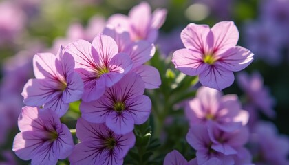 Fototapeta premium A stunning close-up of vibrant pink flowers showcases their intricate petals and delicate veins, creating a mesmerizing floral display. The soft sunlight enhances the beauty of these blossoms, evoking