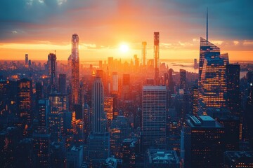 Fototapeta premium Sunset over a vibrant city skyline with skyscrapers casting shadows at dusk