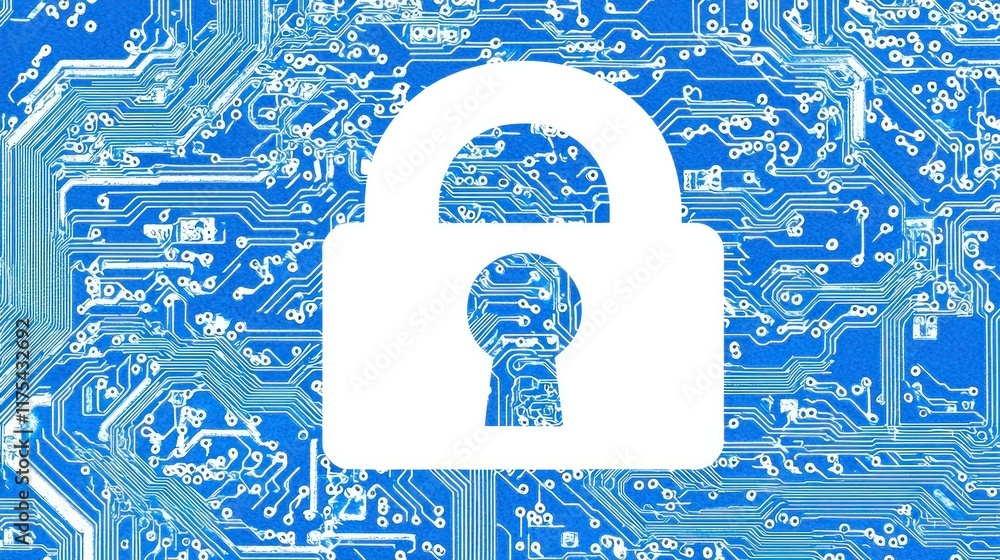 Poster cybersecurity: digital lock on circuit board background