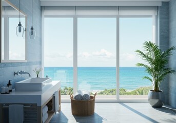 Fototapeta premium Luxurious bathroom interior, ocean view, floor-to-ceiling windows, white marble countertop, potted plants, minimalist design, bright natural light, turquoise sea, blue sky, coastal decor, modern sink,
