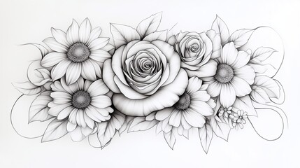 Hand-Drawn Roses with Bold Petals and Stylized Leaves in Detailed Line Art Monochrome Floral Wall Art for Minimalist Interiors Elegant Floral Line Art Coloring Pages Nature-Inspired Tattoo Designs 