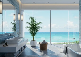 Fototapeta premium Luxurious bathroom interior, ocean view, floor-to-ceiling windows, white marble countertop, potted plants, minimalist design, bright natural light, turquoise sea, blue sky, coastal decor, modern sink,