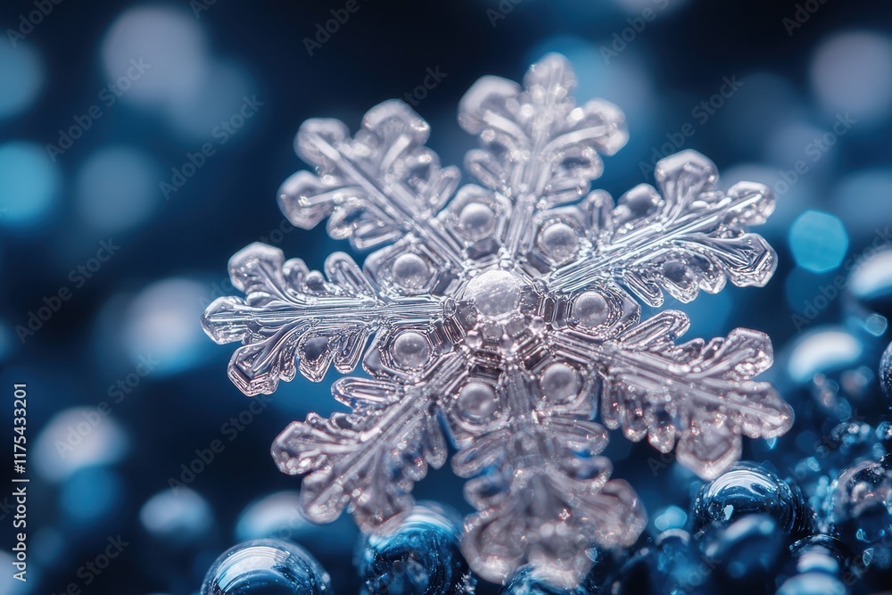 Poster intricate snowflake resting on shimmering blue surface with droplets captured in winter light