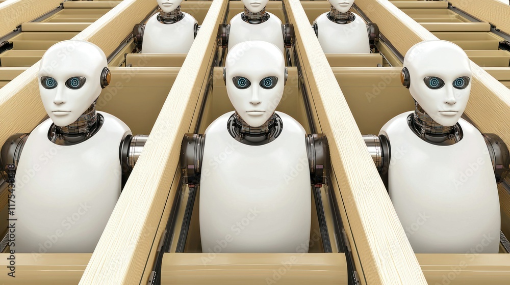 Poster assembly line of humanoid robots: a futuristic 3d render of identical ai units