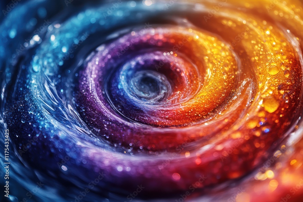Poster swirling colors and droplets create a mesmerizing pattern in a vibrant water vortex at dusk